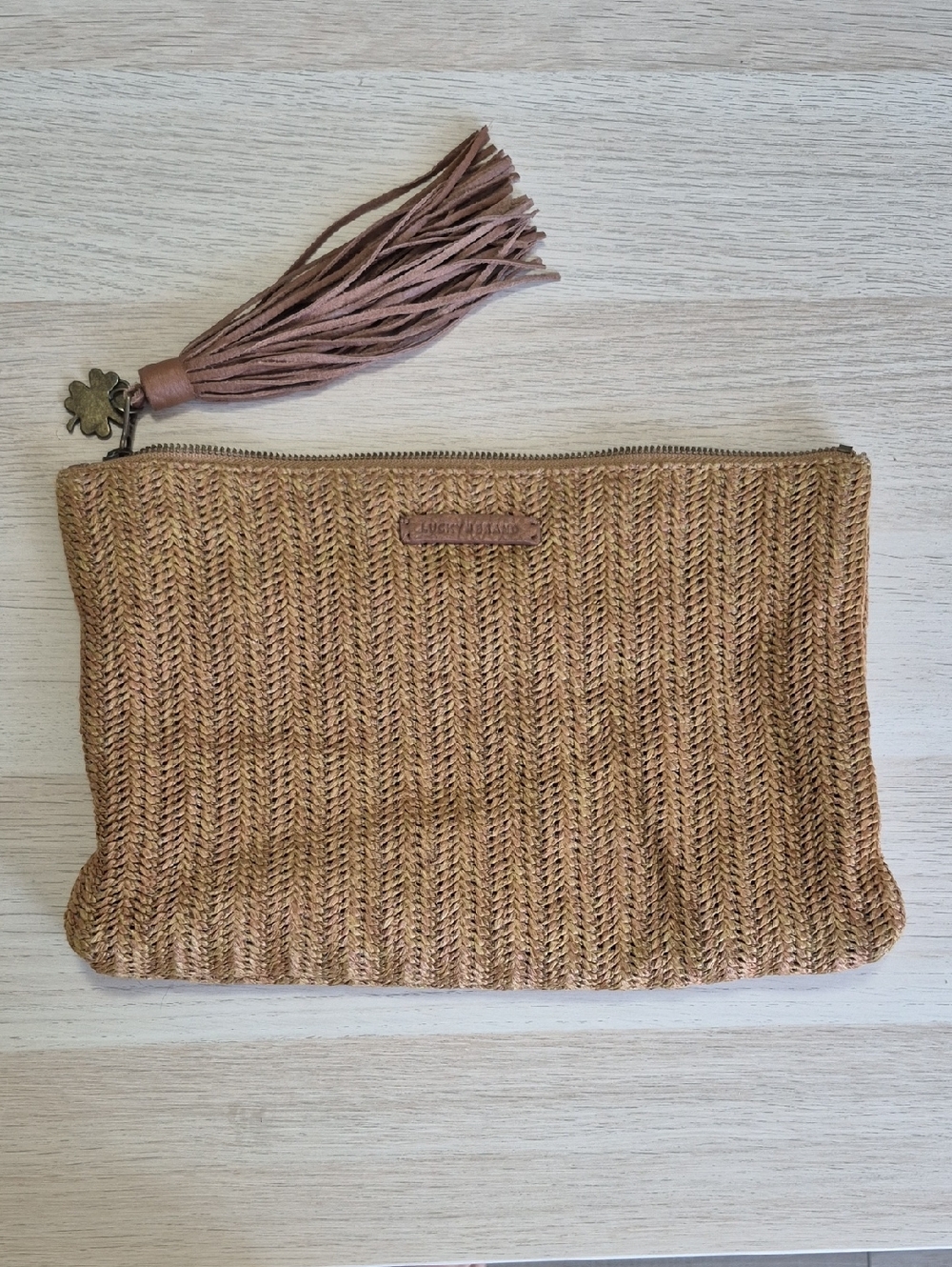 Lucky Brand Woven Tan Clutch with Tassel Zip Pull
